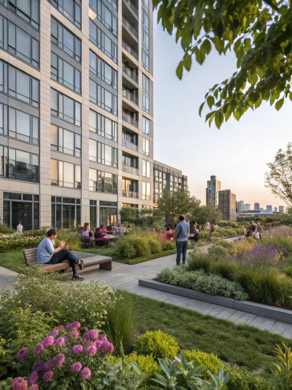 An image of a well-maintained apartment building exterior with a manicured lawn and landscaping, showcasing the comprehensive property management services offered by CleanManage.