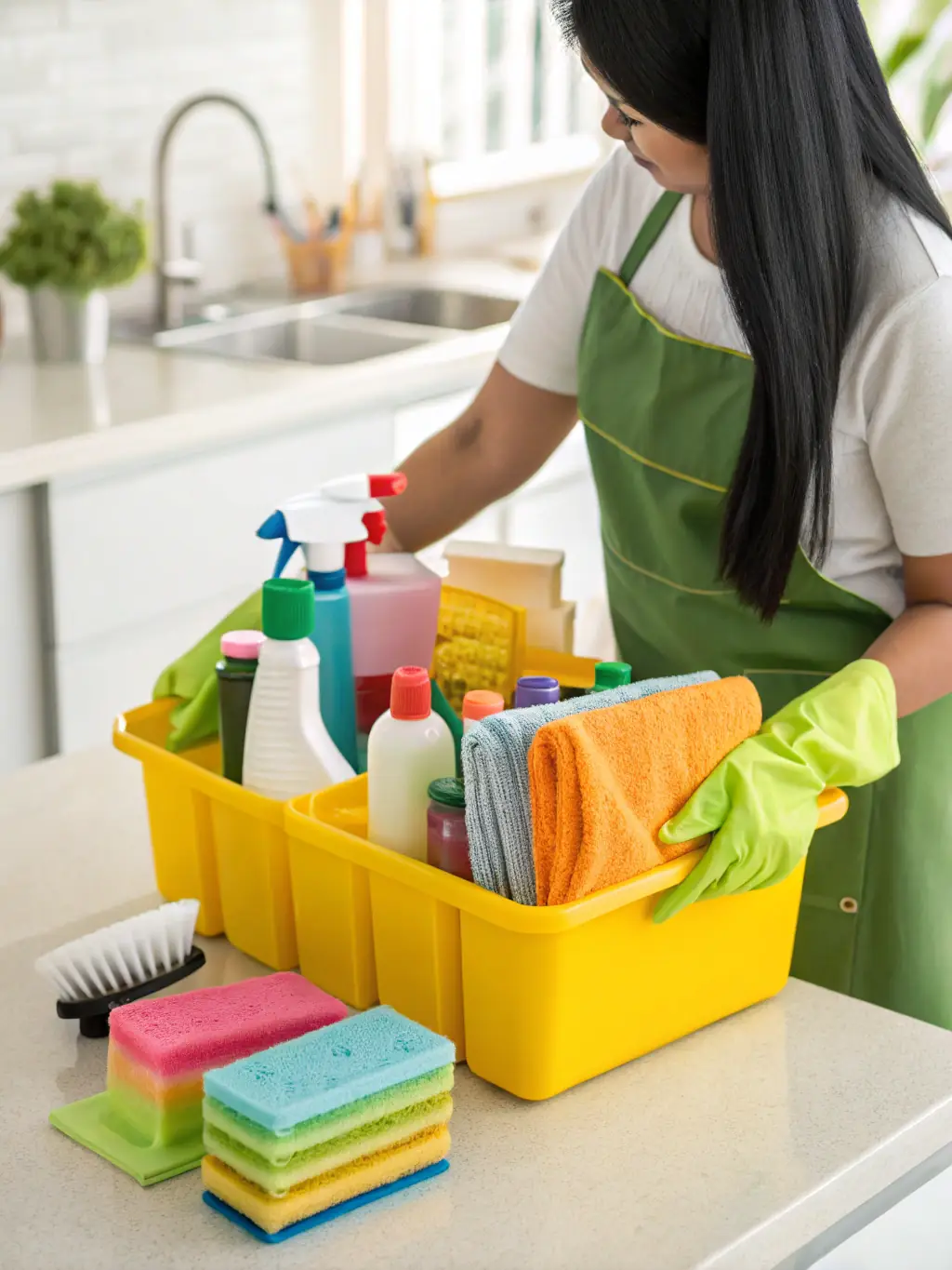 A close-up shot of a cleaning professional using eco-friendly cleaning products on a kitchen countertop, highlighting sustainability and safety.