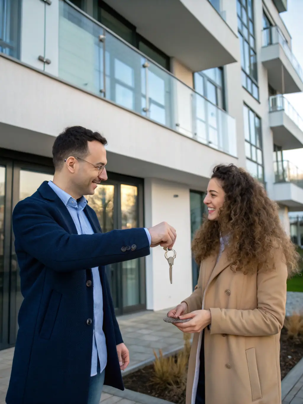 A friendly CleanManage property manager handing keys to a new tenant in front of a well-maintained property, symbolizing the smooth tenant coordination services offered by the company.
