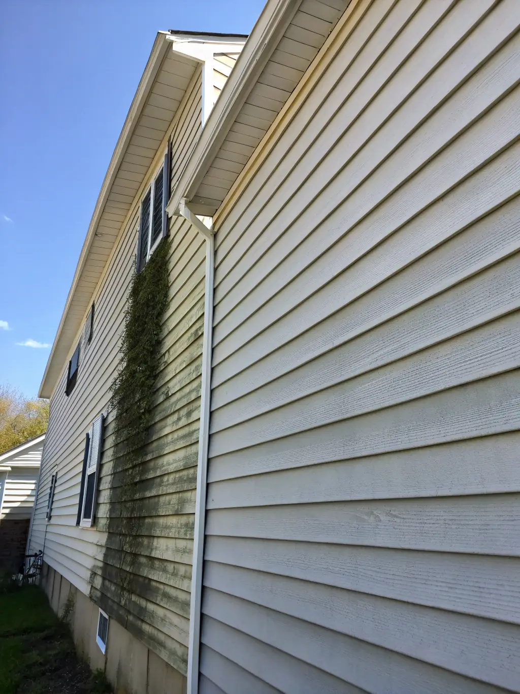A before-and-after shot of a property's exterior, showcasing the transformative effect of professional power washing services.