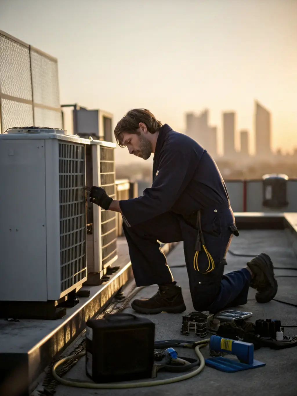 A technician from CleanManage performing a routine maintenance check on a building's HVAC system, emphasizing the company's proactive approach to maintenance and repairs.