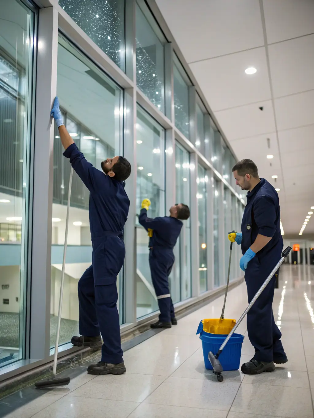A commercial cleaning crew vacuuming the floors of an office building during off-hours, showcasing thoroughness and efficiency.