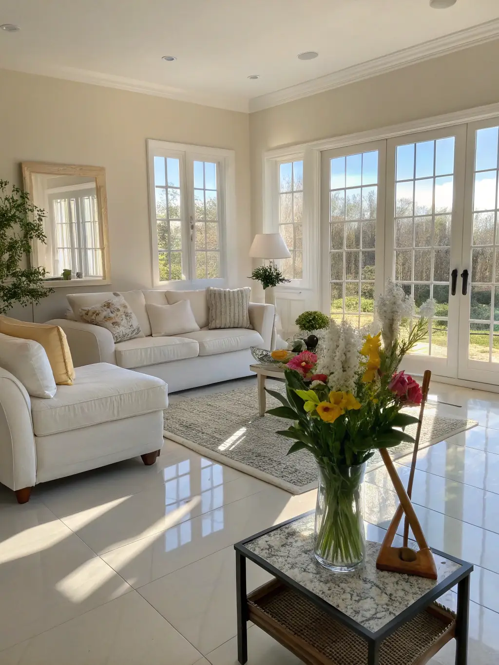 A brightly lit, modern apartment living room with gleaming hardwood floors and spotless windows, showcasing the results of a deep cleaning service.