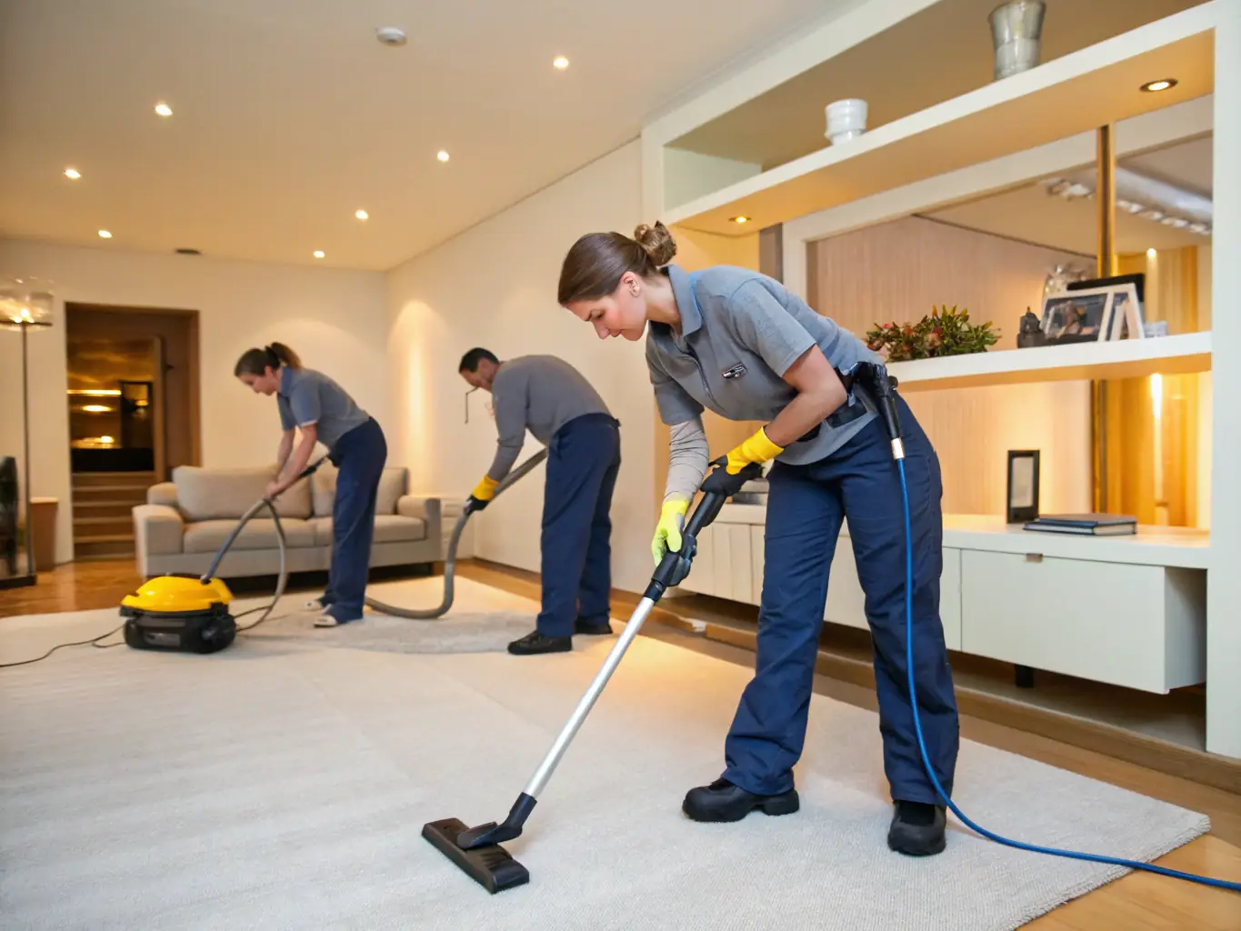 A cleaning crew thoroughly cleaning a residential property, ensuring every corner is spotless and inviting for new tenants.