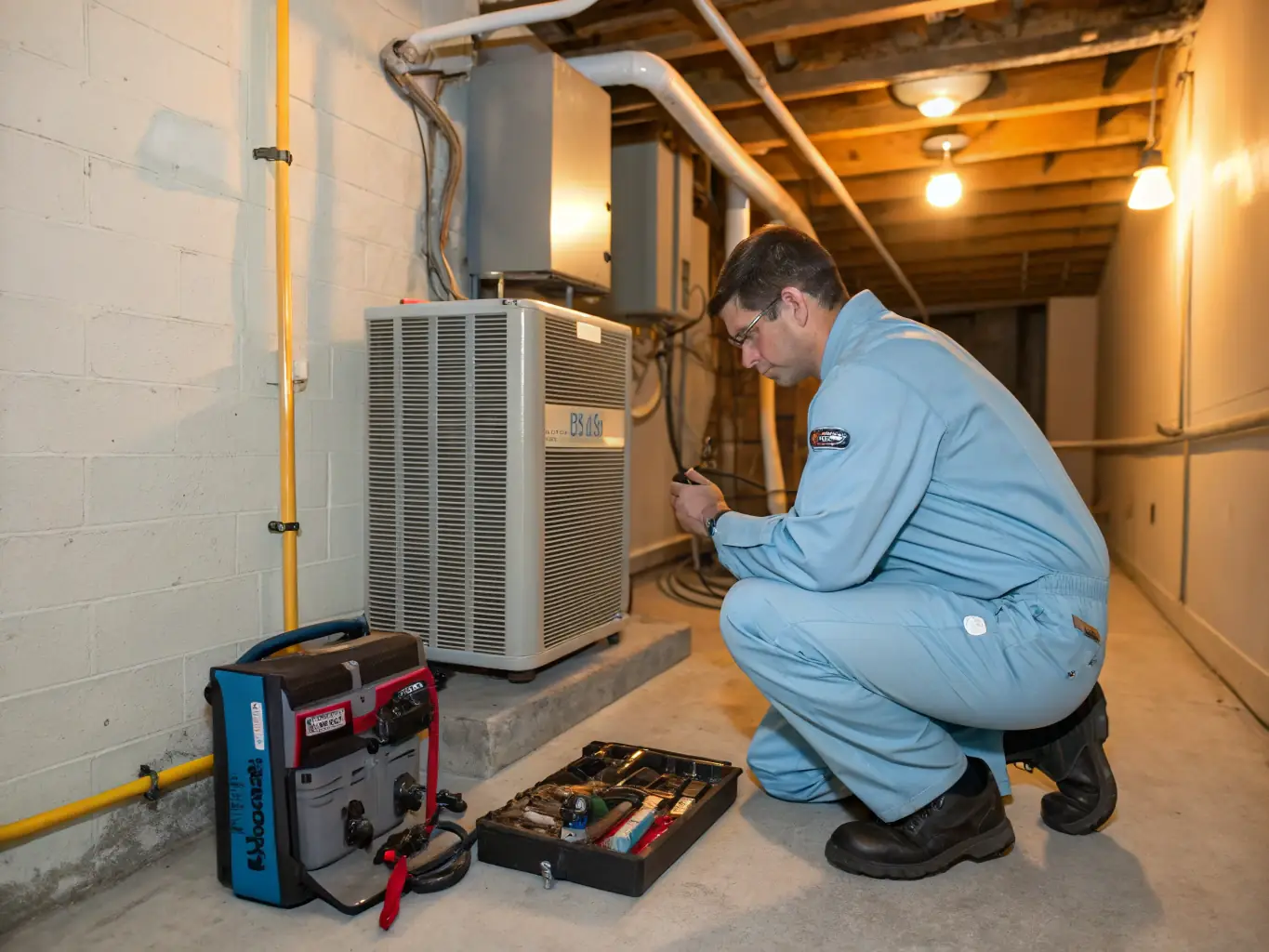 A maintenance worker inspecting a property's HVAC system to ensure it is running efficiently and preventing future issues.